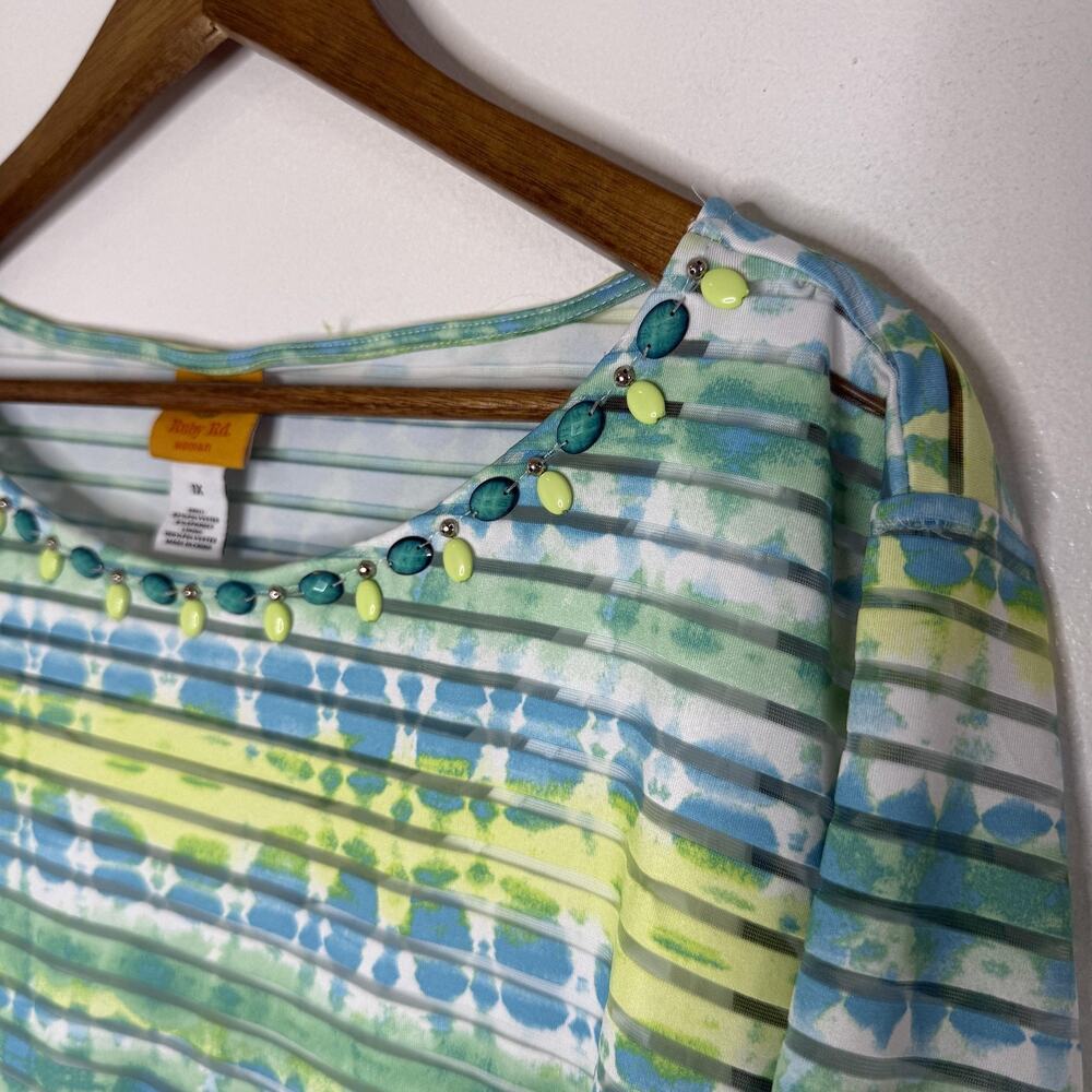 Ruby Rd Tunic Shirt Womens 1X Blue Green White Beaded Neckline Long Sleeve Top